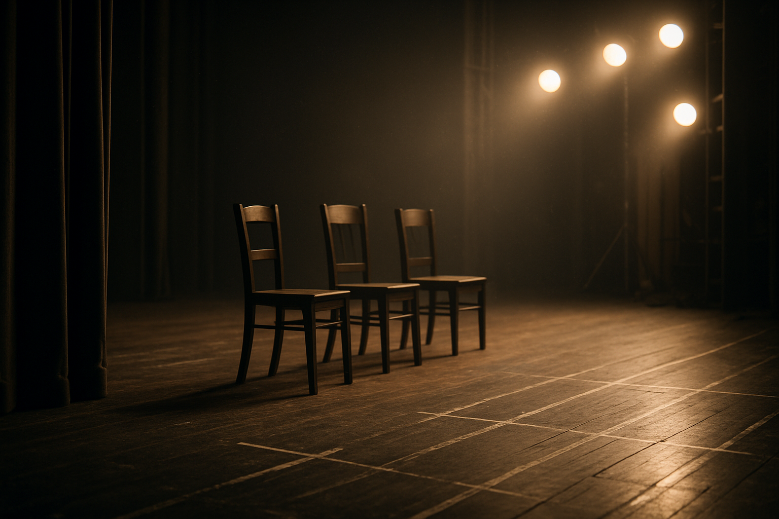 Leere Theaterbuehne mit drei Stuehlen und gedimmten Buehnenlampen