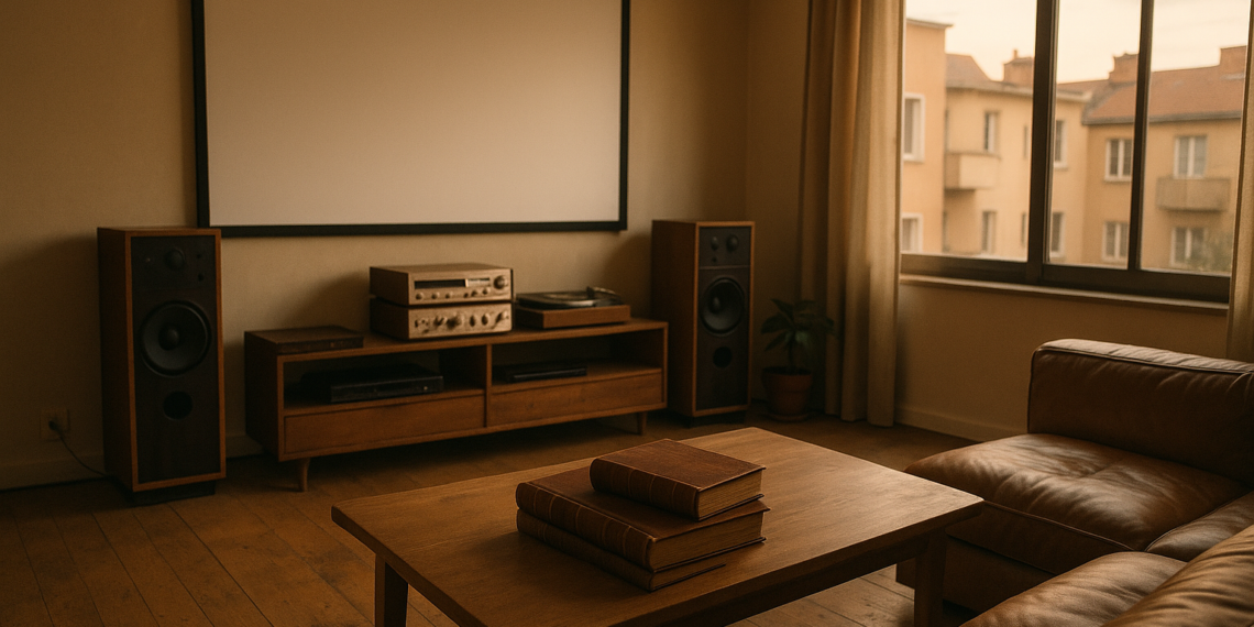 Modernes Heimkino-Setup im Wohnzimmer mit Vintage-Hi-Fi-Anlage und Buechern
