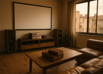 Modernes Heimkino-Setup im Wohnzimmer mit Vintage-Hi-Fi-Anlage und Buechern