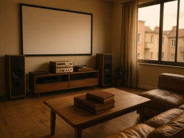 Modernes Heimkino-Setup im Wohnzimmer mit Vintage-Hi-Fi-Anlage und Buechern
