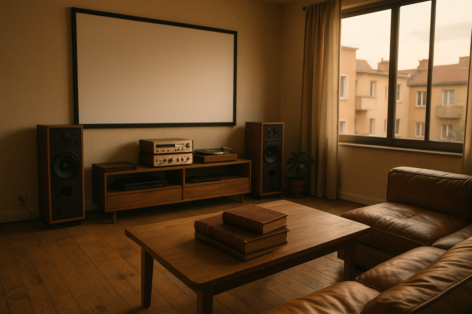 Modernes Heimkino-Setup im Wohnzimmer mit Vintage-Hi-Fi-Anlage und Buechern