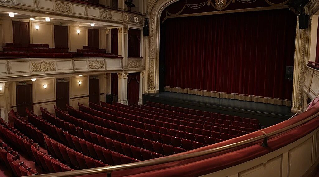 Leerer Theatersaal mit roten Sitzreihen und geschlossenem Bühnenvorhang, gesehen vom ersten Rang