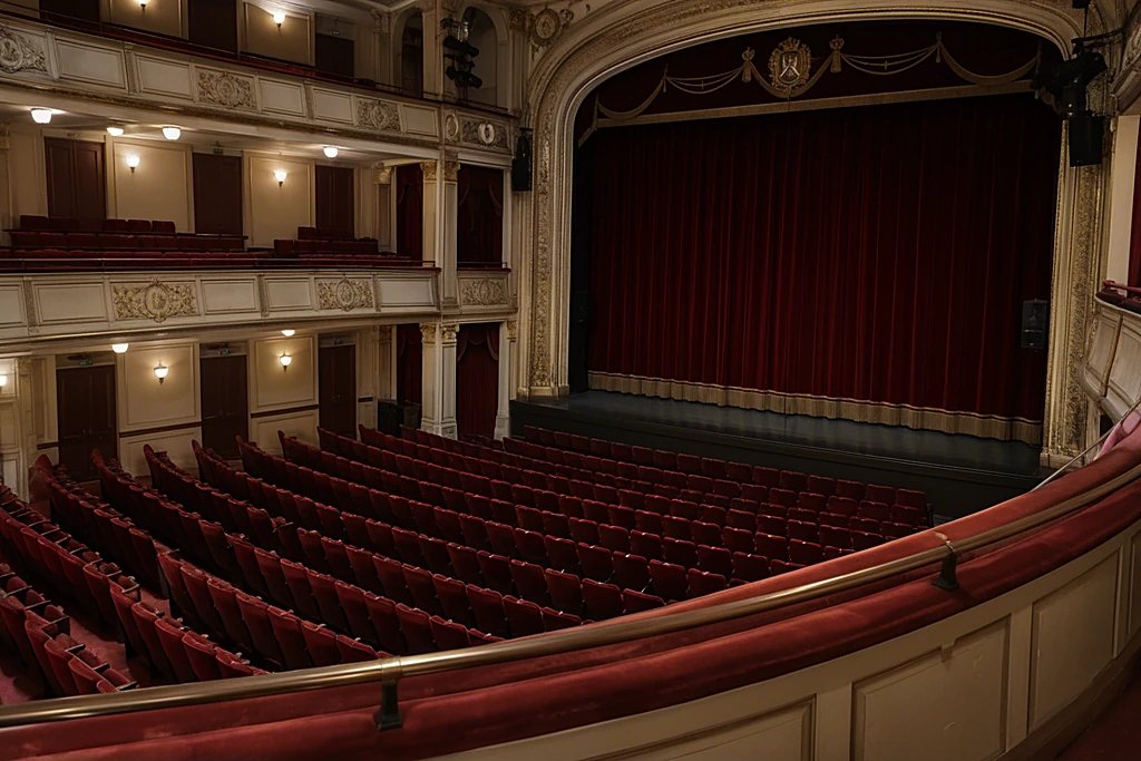 Leerer Theatersaal mit roten Sitzreihen und geschlossenem Bühnenvorhang, gesehen vom ersten Rang